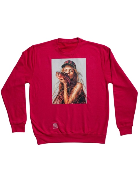 Różowa bluza wędkarska z dużym nadrukiem przedstawiającym kobietę z rybą.