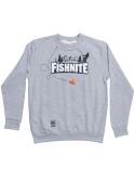 Szara bluza wędkarska z nadrukiem Fishnite oraz grafiką wędkarza i ryby - odzież dla wędkarzy.