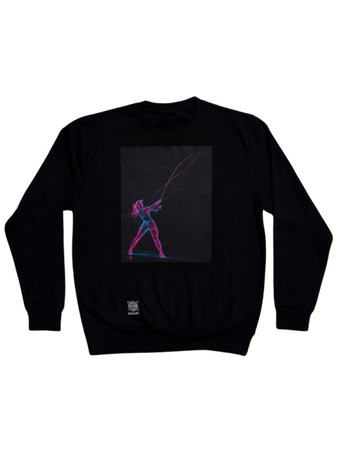 Bluza wędkarska holo fishing girl z dużą neonową grafiką kobiety rzucającej wędką widok całości