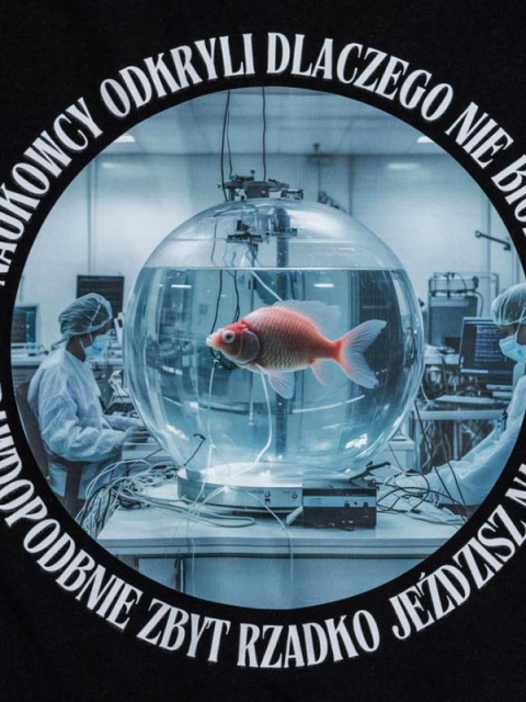 Zbliżenie autorskiej grafiki Rybka Labo ze złotą rybką w laboratoryjnym akwarium